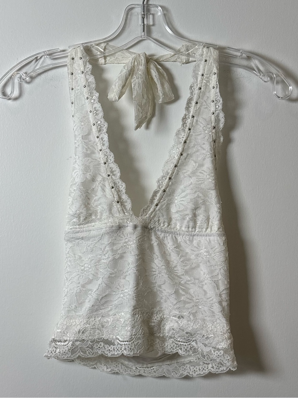 Outcast White/Cream Lace Halter Top with Rhinestones/Studs